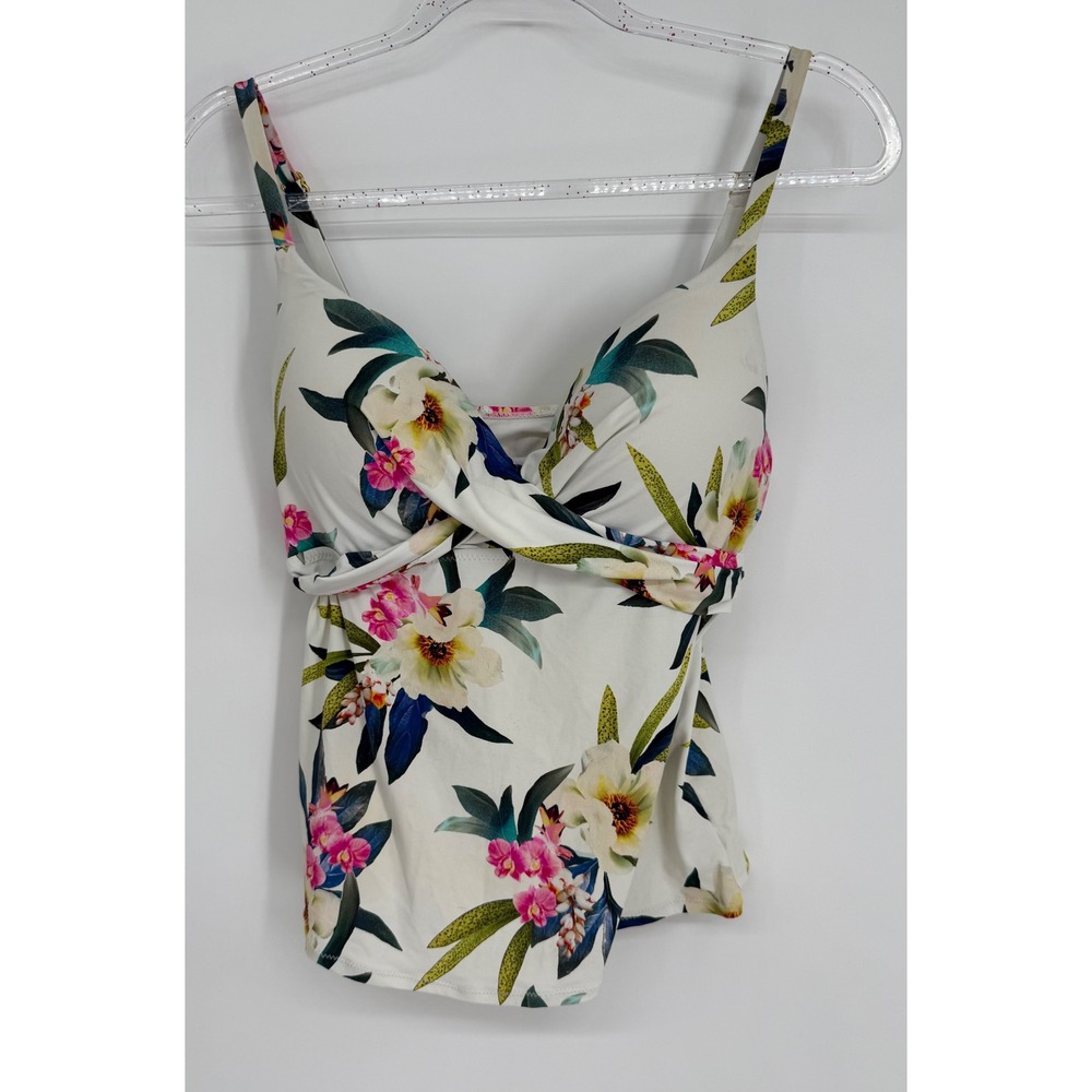 Leilani Womens Floral Twist Front Tankini Top White Tropical Print Sz 8